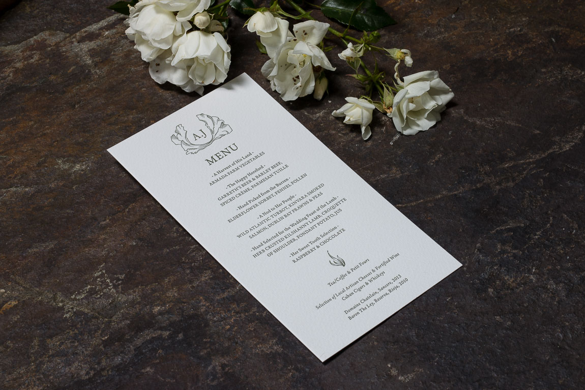 wedding stationery Aoibhin and John Menu Armada Hotel Spanish Point