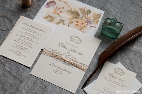 Classic wedding invitation suite printed in a gold ink on a vintage paper