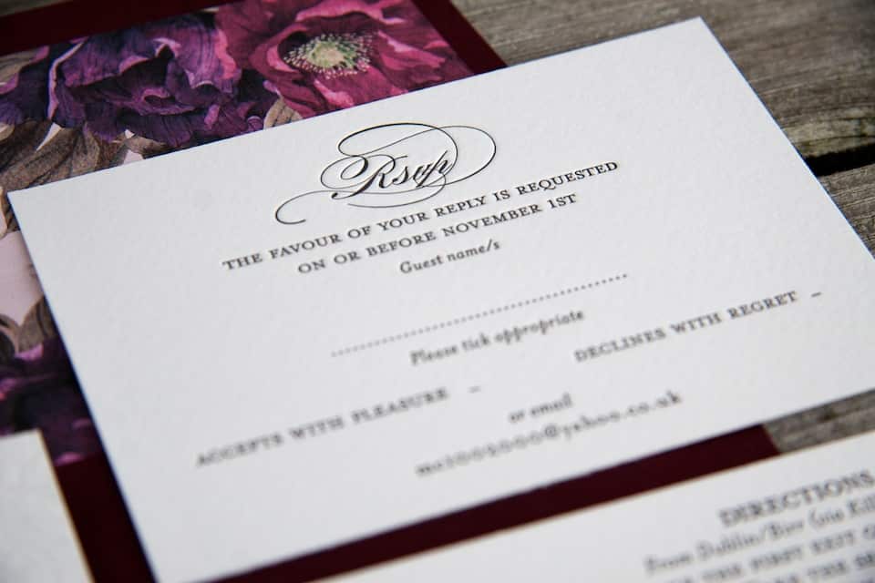 Letterpress printing detail - RSVP floral invitation