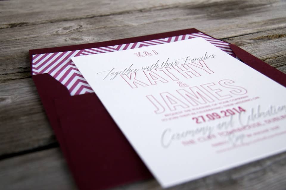 Cocktail wedding invitation letterpress detail