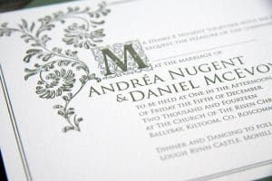 Old English invitation letterpress detail