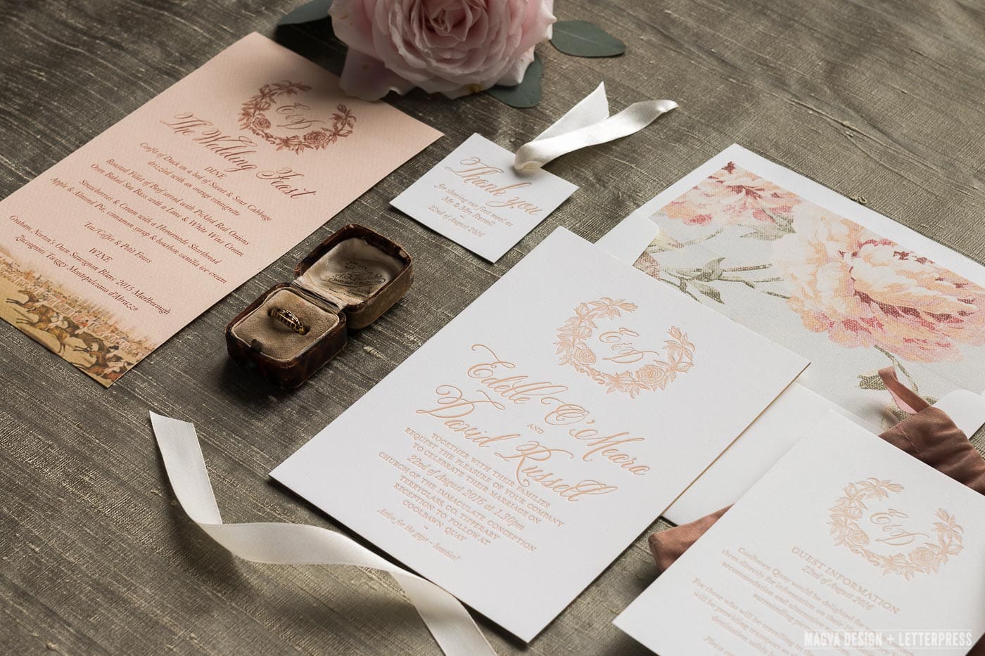 Wedding invitation suite and old engagement ring